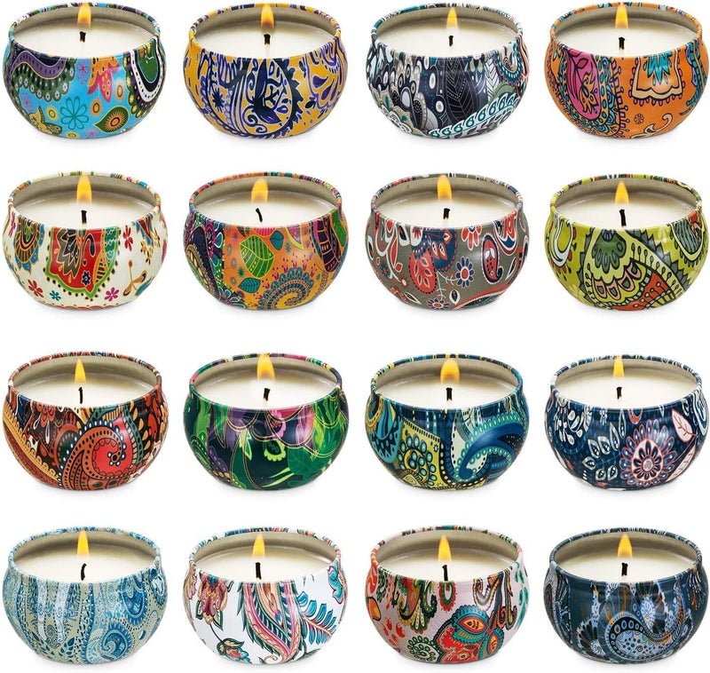 Set of 16 Small Scented Candles Soy Wax Aromatherapy Candles 25 OZ Portable Tin Candles with Lid Relaxation Gifts Basket for Mother Women Friends and Coworkers